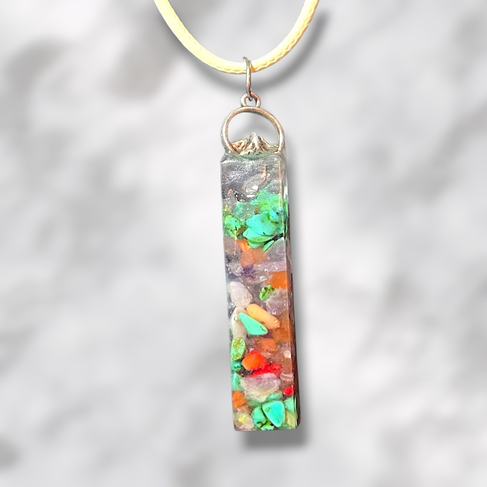 Turquoise Red Coral & Amethyst Stones Set In Resin With Silver Tone Mountain